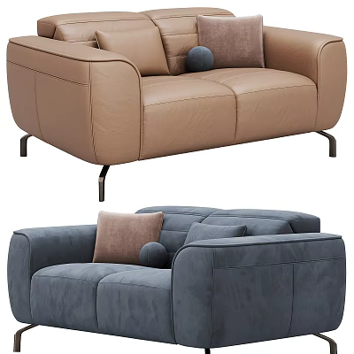 Modern Light Brown Navy Blue Upholstered Two Seater Sofa with Decorative Cushions Round Balls 3d model