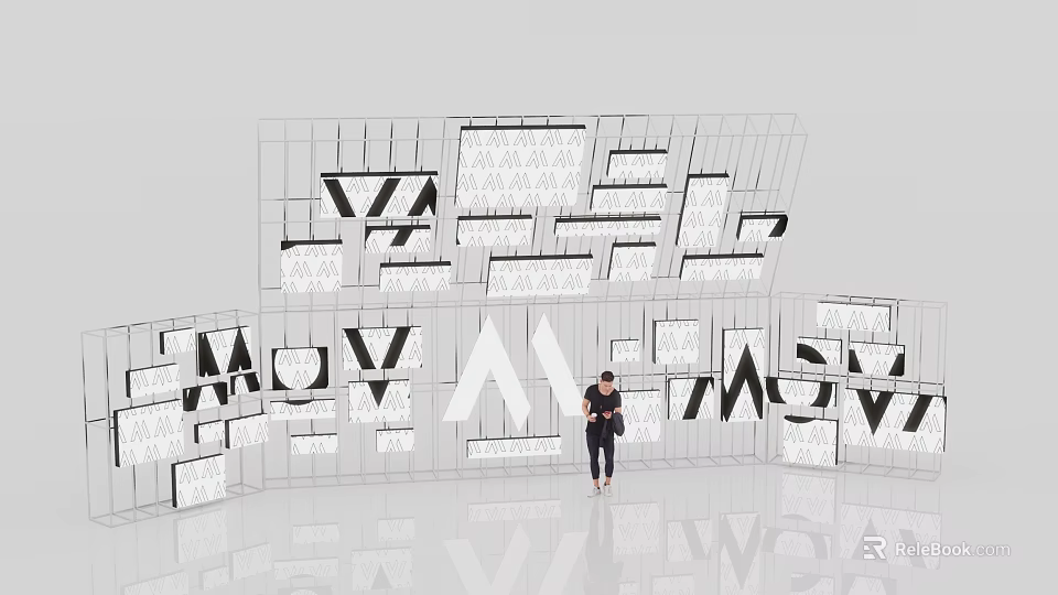 Modern Art Photo Spot With Black And White Letter Installation And Reflective Floor 3d model 