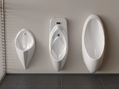 Modern White Ceramic Urinals Mounted On Gray Bathroom Wall With Tiles 3d model