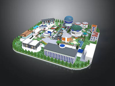 Scenic Comprehensive Park Landscape With Various Architectural Styles Green Plants And Water Features 3d model
