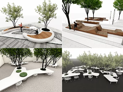 Modern Landscape Seats With Curved Wooden Design And Green Trees In Urban Park 3d model