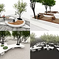 Modern Landscape Seats With Curved Wooden Design And Green Trees In Urban Park