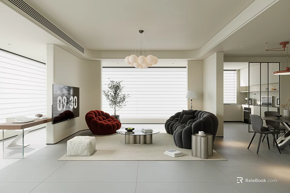 Modern Open Plan Living And Dining Room Interior Design With Cozy Sofas And Warm Lighting 3d model 