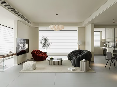 Modern Open Plan Living And Dining Room Interior Design With Cozy Sofas And Warm Lighting 3d model