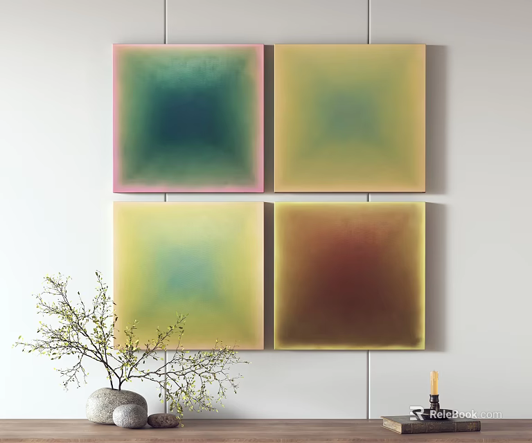 Colorful Abstract Square Paintings With Gradient Tones As Wall Decor In Modern Interior 3d model 