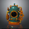 Vintage Teal And Orange Submersible Water Vehicle With Circular Window Pipes And Instruments