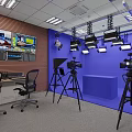 Professional Studio Setup With Cameras Lighting Control Panel Blue Background And Wooden Wall 3d model