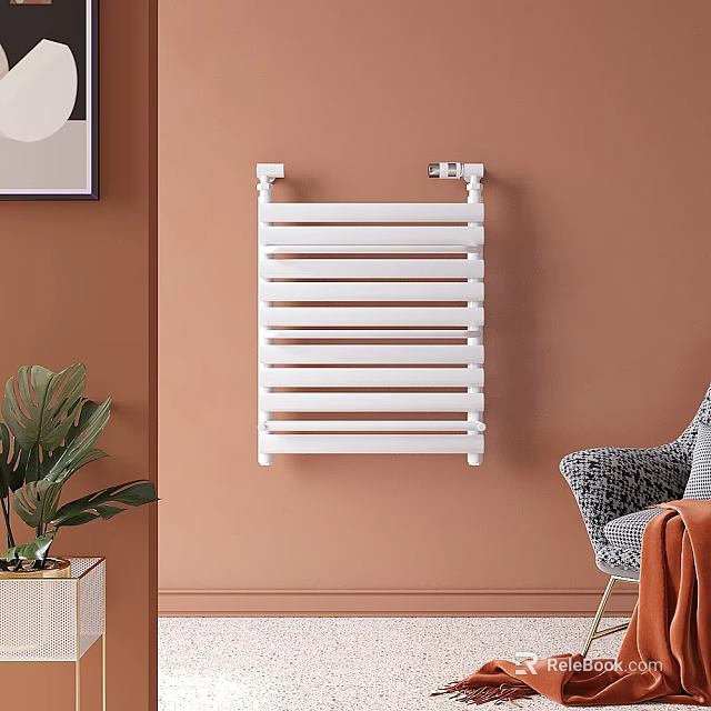 White Wall Mounted Bathroom Cabinet Rack on Orange Wall with Modern Design and Green Plant Decor 3d model 