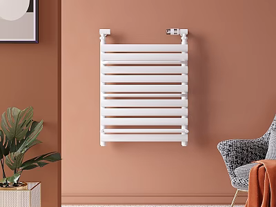 White Wall Mounted Bathroom Cabinet Rack on Orange Wall with Modern Design and Green Plant Decor 3d model