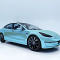 Light Blue Tesla Sedan With Modern Sleek Design And Black Wheels In Clean Gradient Background