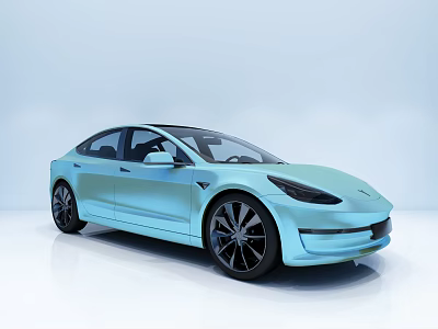 Light Blue Tesla Sedan With Modern Sleek Design And Black Wheels In Clean Gradient Background 3d model