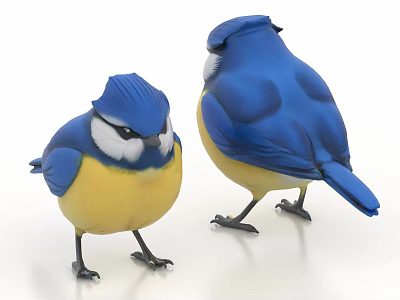 Two Adorable Blue And Yellow Birds With Colorful Plumage On Simple White Background 3d model