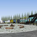 RV Campsite With Circular Stone Paved Area Fire Pit Tents Umbrellas And Trees