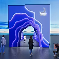 People Exploring Blue Wavy Archway Installation With Sky And Mountain Background 3d model