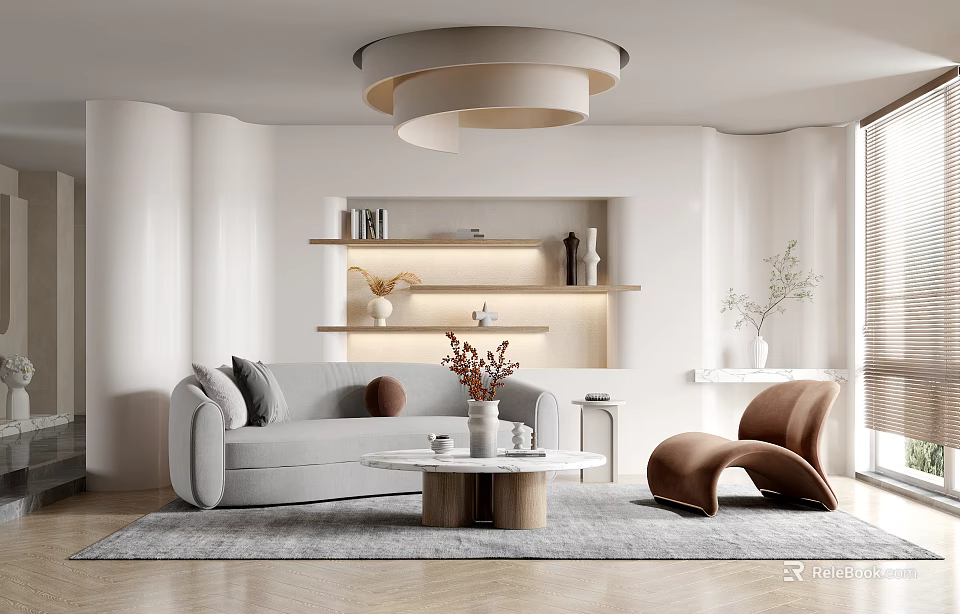 Elegant Modern Living Room Interior With Grey Sofa Coffee Table And Accent Chair 3d model 