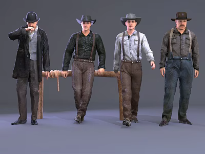 Group of Men in Western Style Clothing With Hats and Vintage Outfits 3d model