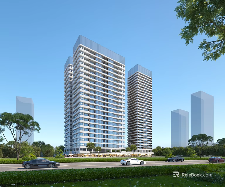 Modern High Rise Office Buildings With Glass Curtain Walls Greenery And Cars On Road 3d model 