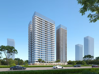 Modern High Rise Office Buildings With Glass Curtain Walls Greenery And Cars On Road 3d model