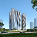 Modern High Rise Office Buildings With Glass Curtain Walls Greenery And Cars On Road