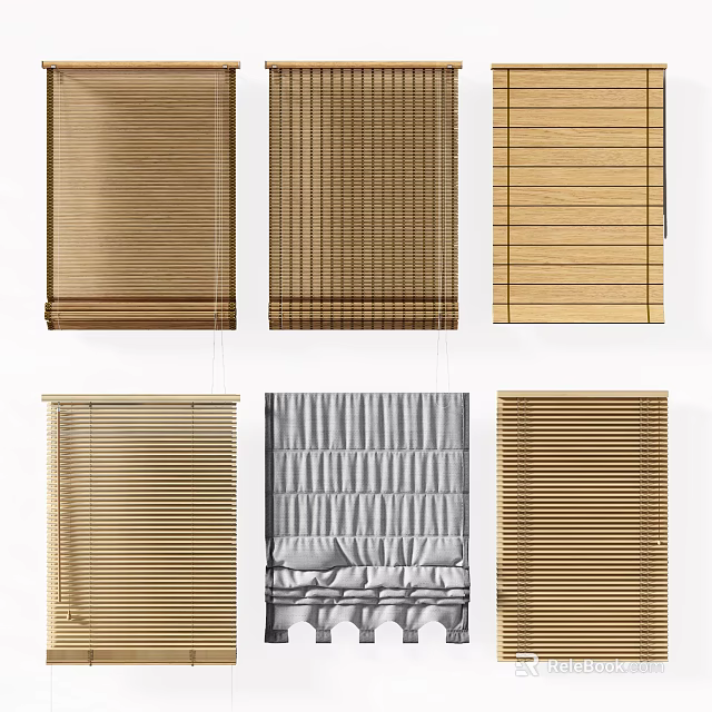 Window Blinds Featuring Various Wooden Bamboo And Gray Fabric Designs 3d model 