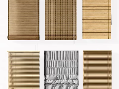 Window Blinds Featuring Various Wooden Bamboo And Gray Fabric Designs 3d model