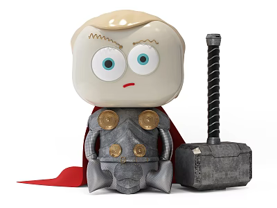 Cute Thor Themed Toy Figure With Big Eyes Red Cape Gray Armor And Hammer 3d model