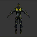 Black And Yellow Superhero In Tight Suit With Glowing Stripes Standing Pose