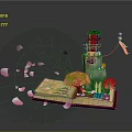 Cartoon Scene Featuring Open Book Red Tower Pink Cherry Blossoms Falling Petals And Yellow Lantern