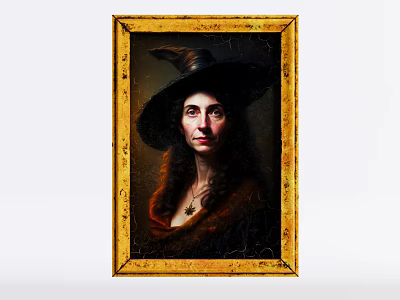 Classical Portrait Painting of Woman With Wide Brimmed Hat and Golden Frame 3d model