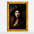 Classical Portrait Painting of Woman With Wide Brimmed Hat and Golden Frame
