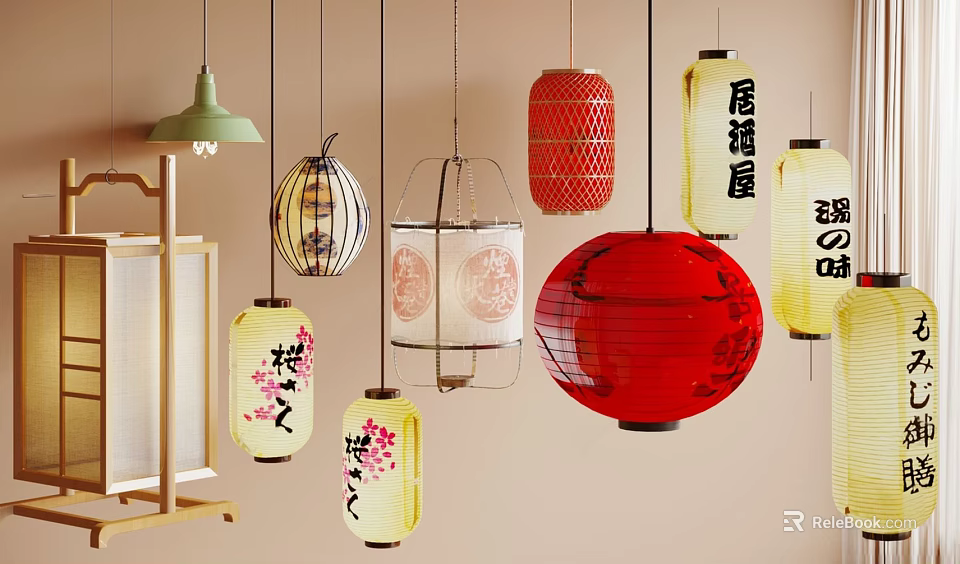 Various Decorative Lamps With Red Lanterns Floral Patterns Chinese Characters Hanging For Home Decor 3d model 