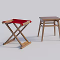 Two Wooden Stools Featuring Folding Cross Leg Design Red Seat And Square Top Structure
