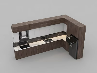 Modern Kitchen L Shaped Wooden Cabinets With White Panels Countertop Sink Cooktop And Refrigerator 3d model