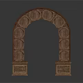 Decorative Arched Structure With Brown Carved Details Circular Motifs And Base