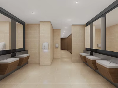 Modern Public Toilet Interior With Clean Design Multiple Washbasins Mirrors And Tiled Floors 3d model