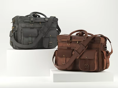 Dark Gray And Brown Leather Bags Featuring Multiple Pockets And Shoulder Straps On White Stands 3d model
