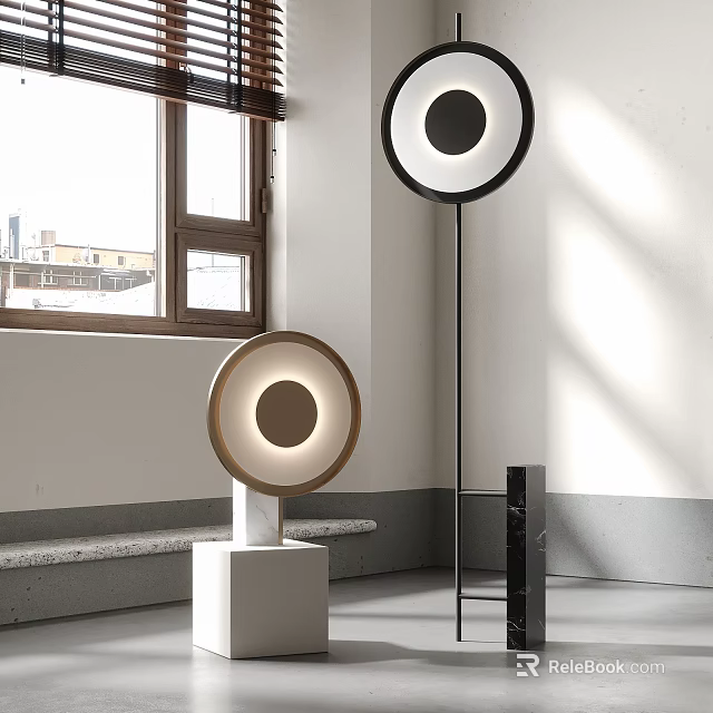 Modern Floor Lamps With Circular Design White Base And Black Stand In Bright Interior 3d model 