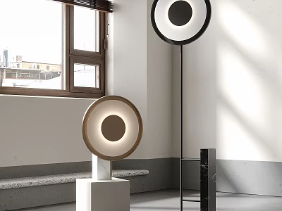 Modern Floor Lamps With Circular Design White Base And Black Stand In Bright Interior 3d model