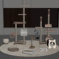 Multi Level Cat Tree With Platforms Hammocks Scratching Posts And Cat Bowls On Round Rug