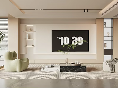 Modern TV Background Wall Interior With Neutral Design Side Shelves TV Coffee Table And Plant 3d model
