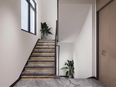 Modern Staircase Interior With LED Lighting Large Window Potted Plants And Wooden Door 3d model
