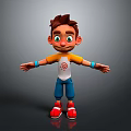 Cartoon Man With Brown Hair Green Eyes Arms Outstretched Orange Sleeves Blue Shorts Red Shoes