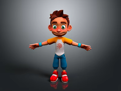 Cartoon Man With Brown Hair Green Eyes Arms Outstretched Orange Sleeves Blue Shorts Red Shoes 3d model