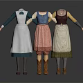 Different Style Household Aprons on Mannequins with Long Sleeve Tops Skirts and Boots
