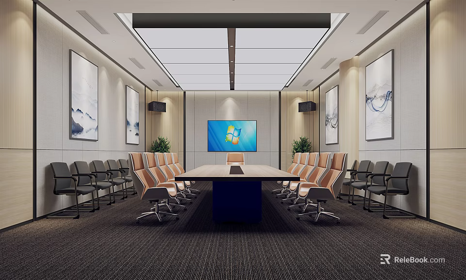 Modern Conference Room With Long Table Comfortable Chairs Large Screen Wall Paintings and Ceiling Lighting 3d model 