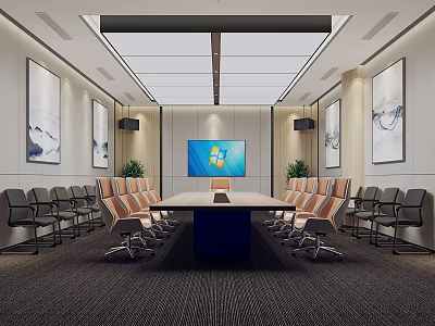 Modern Conference Room With Long Table Comfortable Chairs Large Screen Wall Paintings and Ceiling Lighting 3d model
