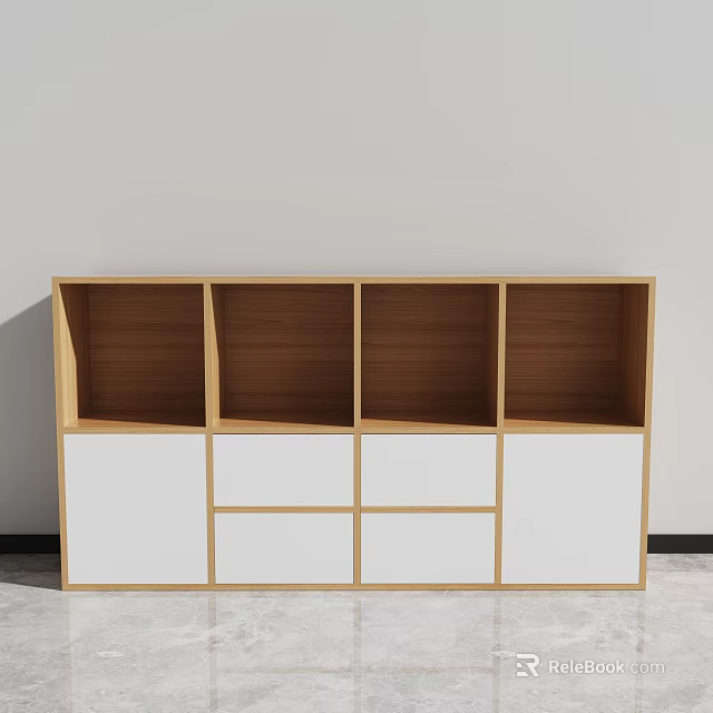 Modern Wooden Bookcase With Multiple Open Compartments And White Drawers Storage 3d model