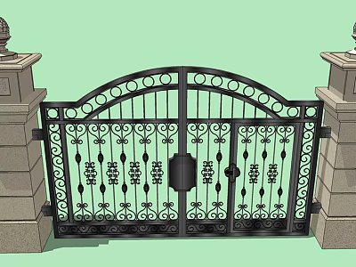 Wrought Iron Entrance Gate With Intricate Decorative Patterns Flanked By Stone Pillars On Sides 3d model
