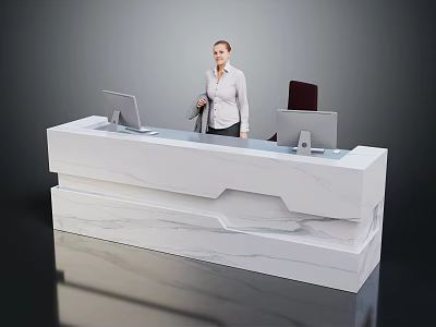 Modern Marble Reception Desk In Office Lobby With Computer Monitors And Receptionist 3d model