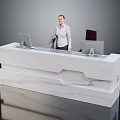 Modern Marble Reception Desk In Office Lobby With Computer Monitors And Receptionist